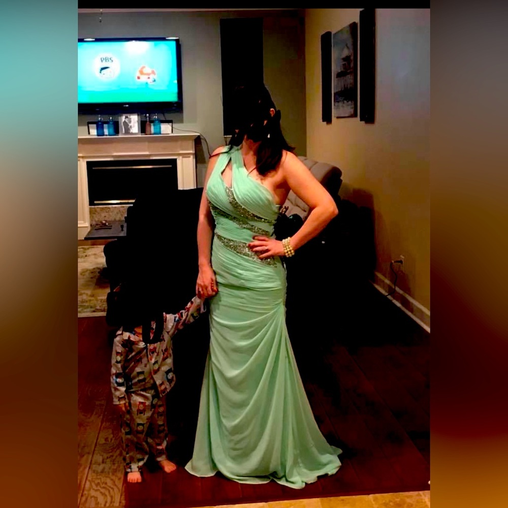 One shoulder beaded gown in a mint green. It was worn once for a fundraiser.